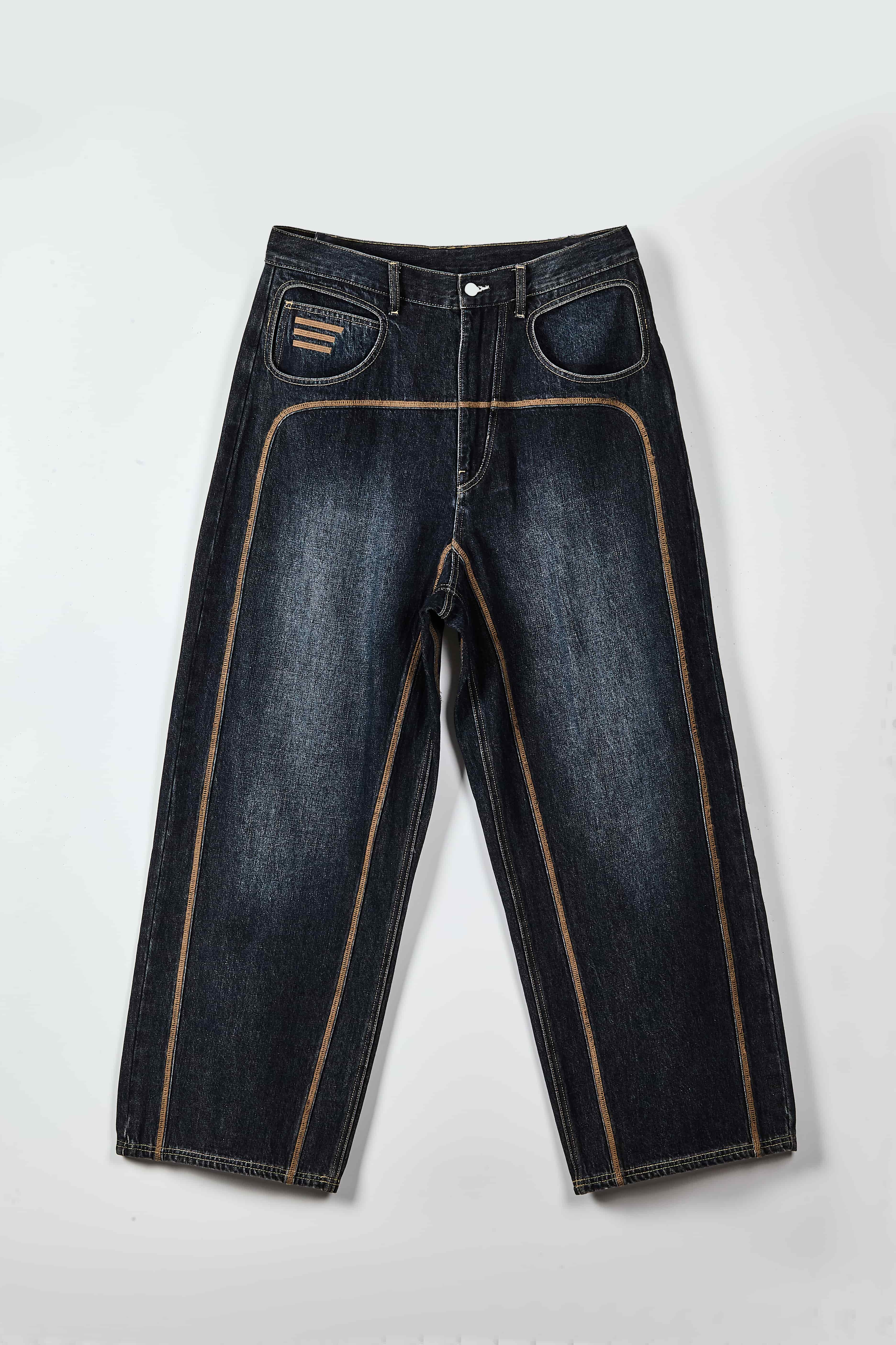 Dark Wash Baggy Jeans with Contrast Stitching - Streetwear Denim Pants